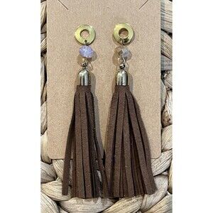 Faux Leather Tassel Crystal Post Earrings Boho Hippie Gypsy Brown Gold Tone